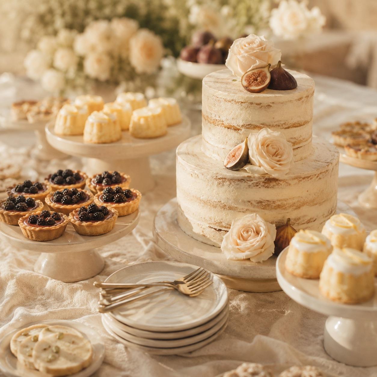 Dessert table with small pastries, seasonal fruit and a simple layered cake on a cream linen cloth