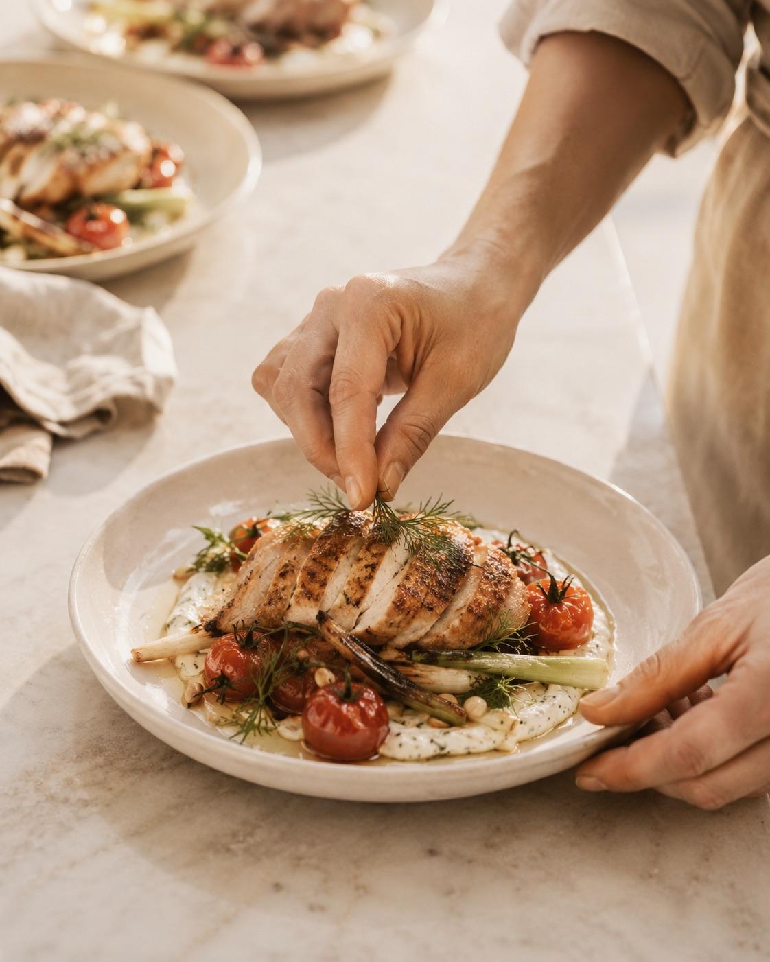 Chef's hands finishing a plated seasonal entrée with fresh herbs on a ceramic plate in natural daylight