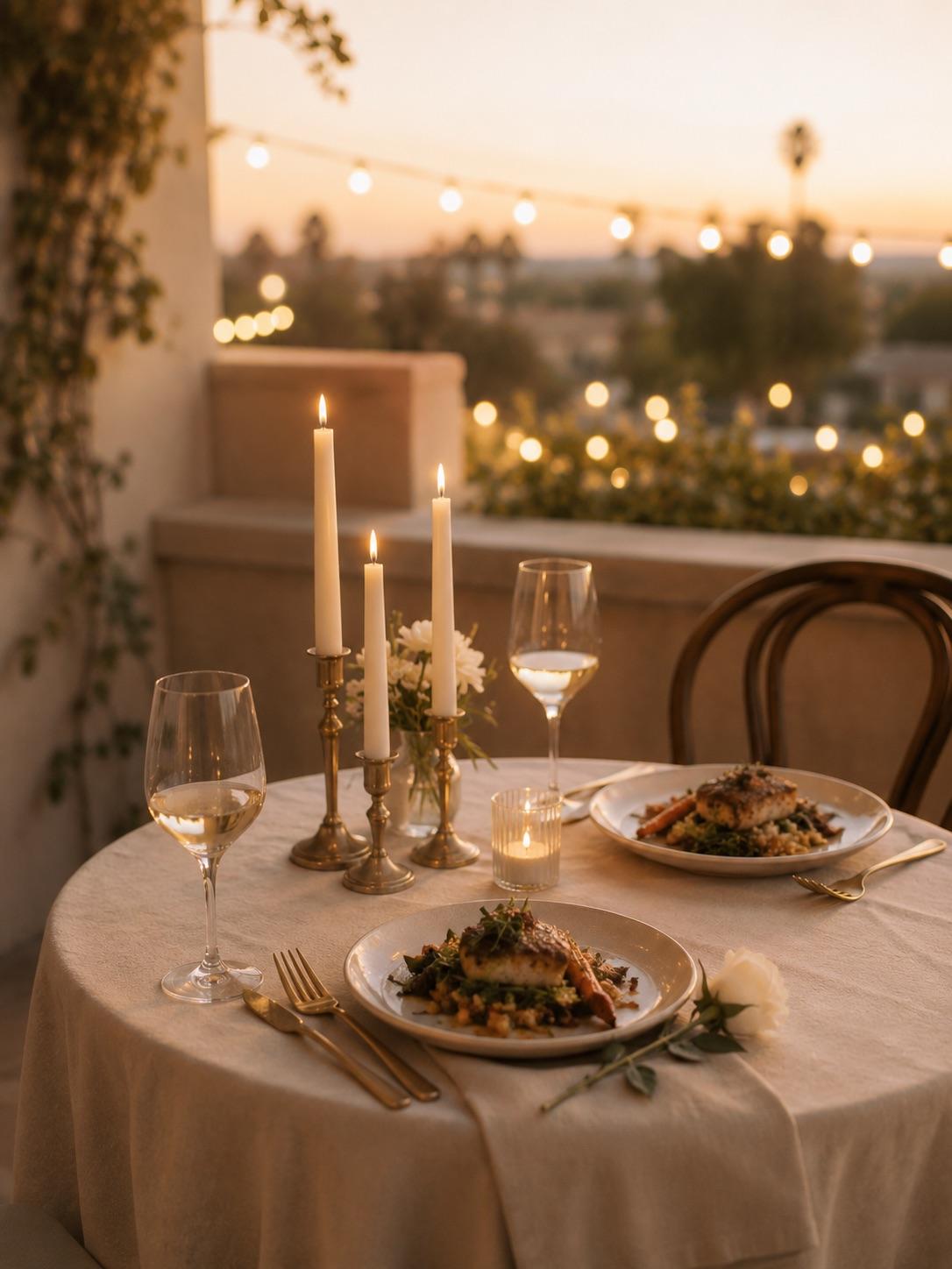 Anniversary dinner table at dusk with candlelight, wine glasses and a plated seasonal course