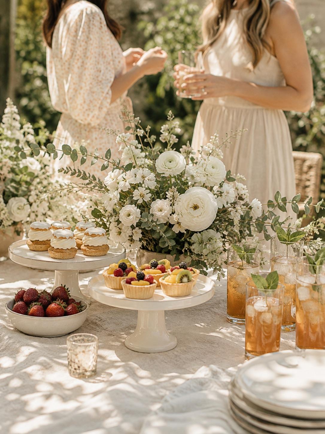 Baby shower dessert table styled in cream and sage with fresh flowers and delicate pastries