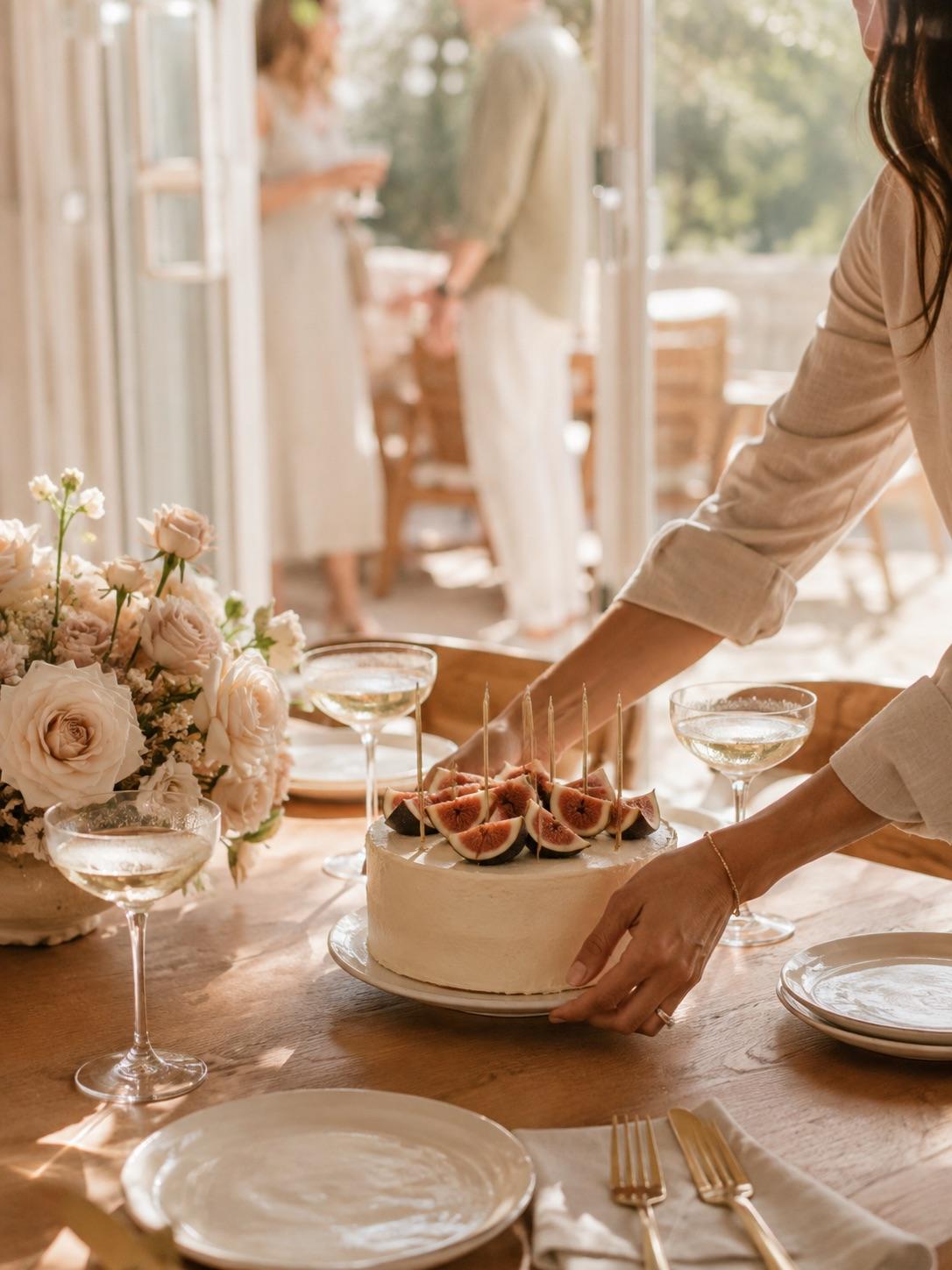 Milestone birthday celebration table with a layered cake, candles and blush florals in a bright California home