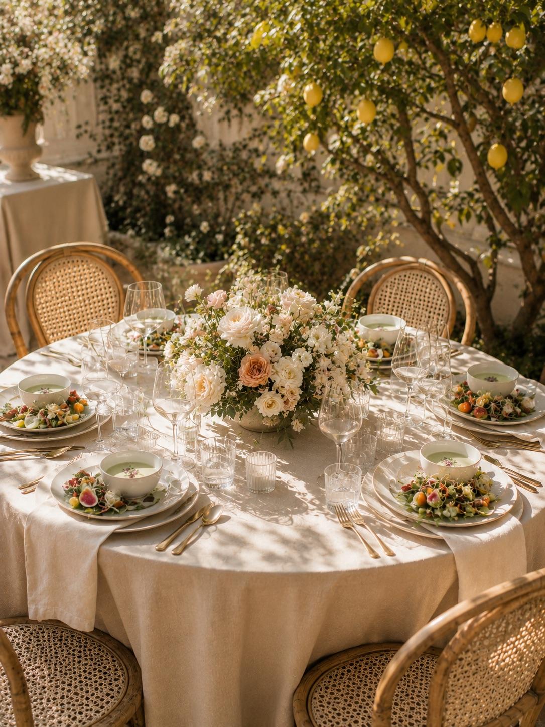 Bridal shower luncheon table in a sunlit garden with linen napkins, glassware and white florals