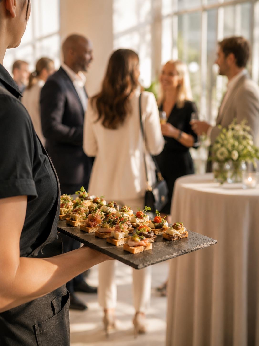 Corporate cocktail reception with passed appetizers and guests networking in a bright modern venue