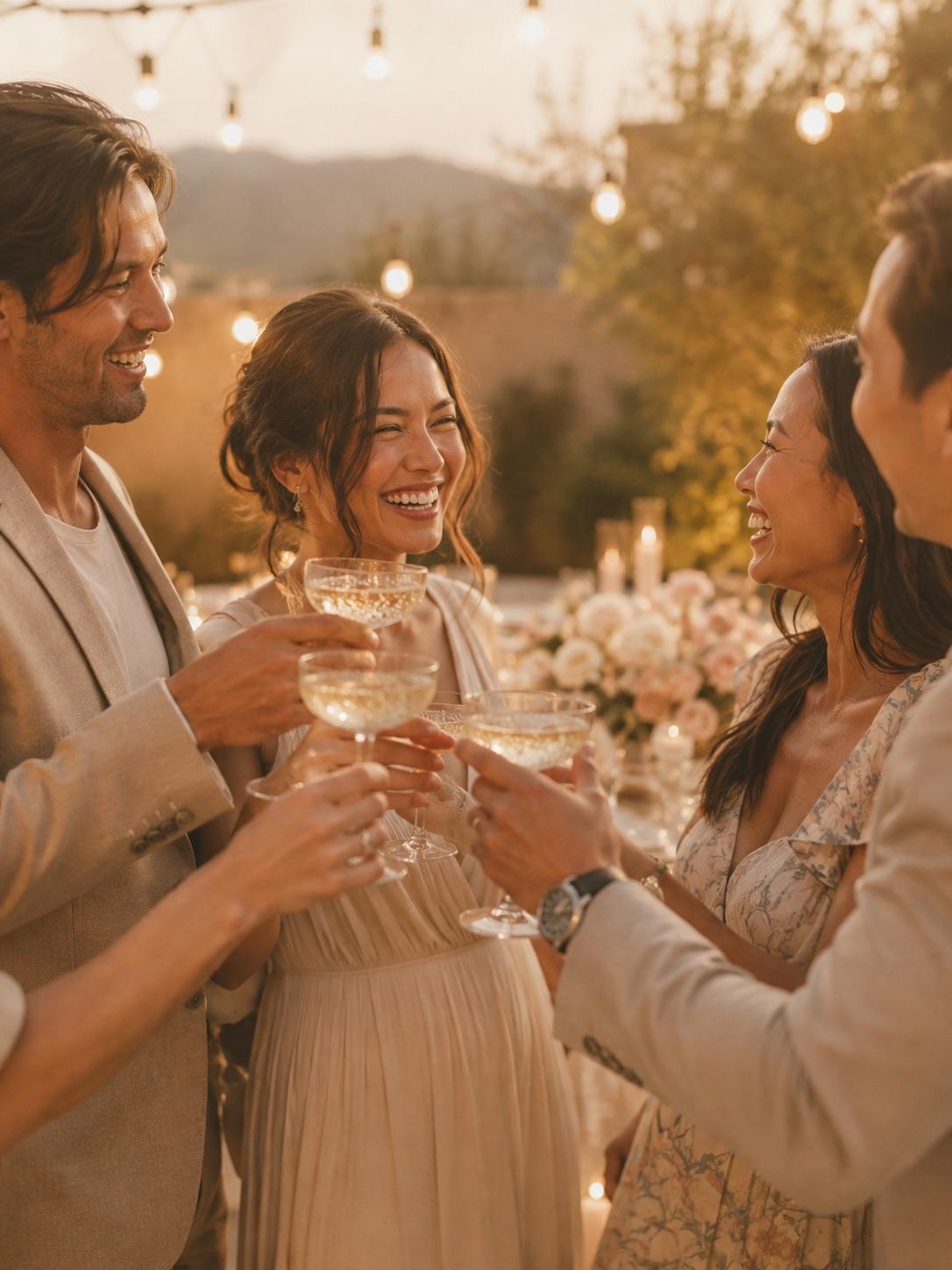 Engagement party guests toasting with champagne beside a styled dessert and floral table