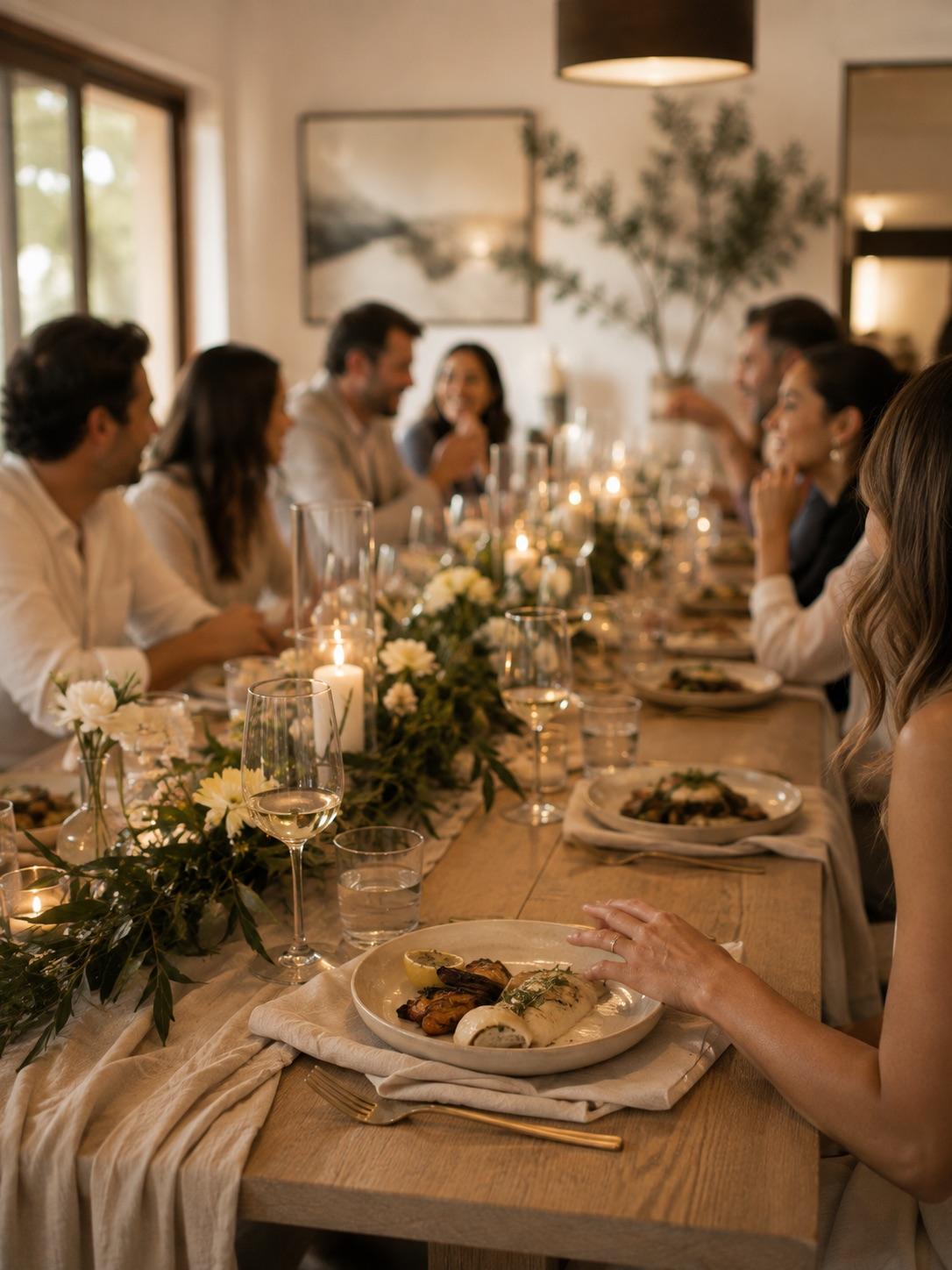 Intimate private dinner party for ten with plated courses, candles and guests in conversation