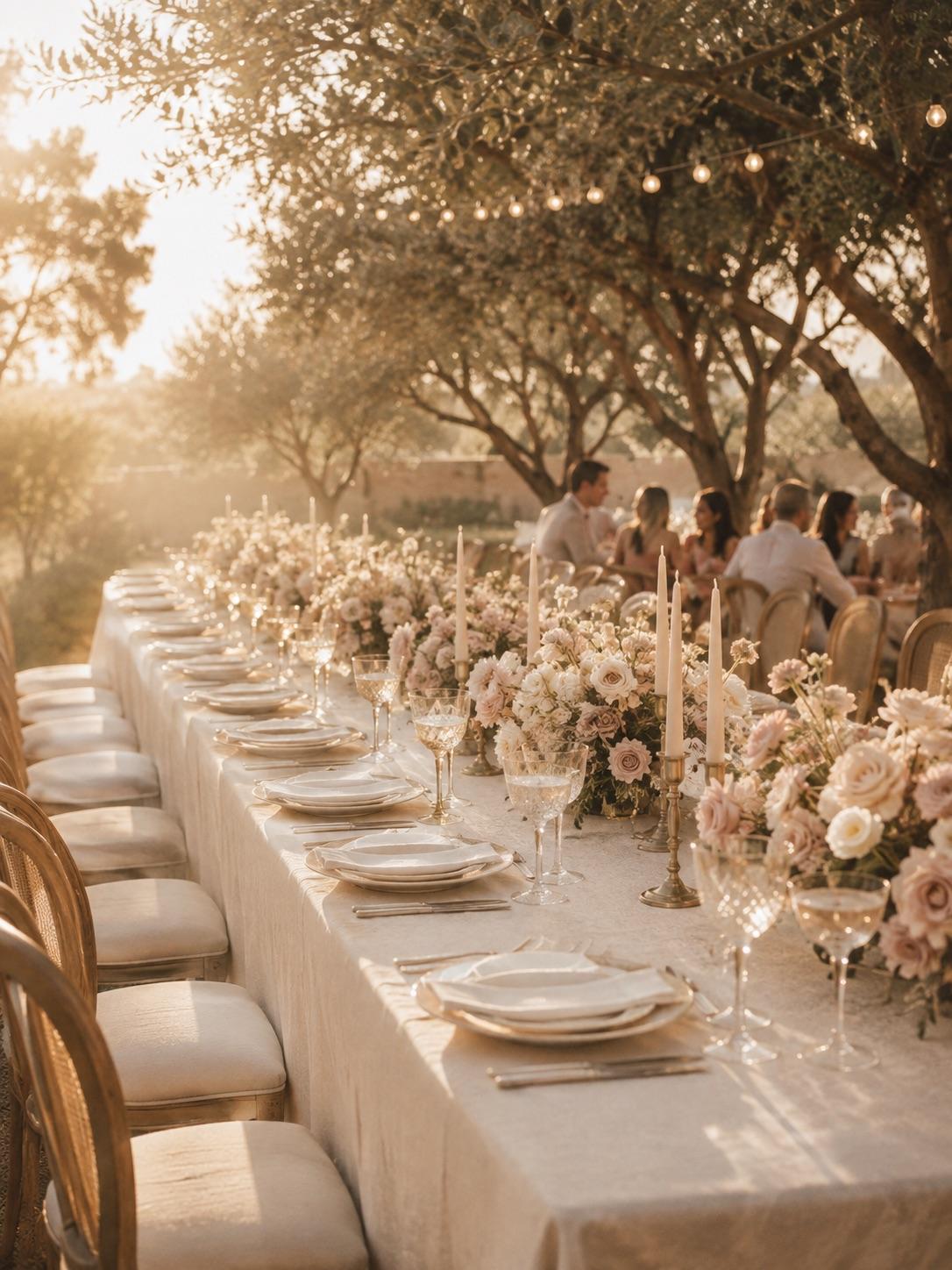 Elegant outdoor wedding reception table set with ivory linen, taper candles and soft florals in Southern California golden light