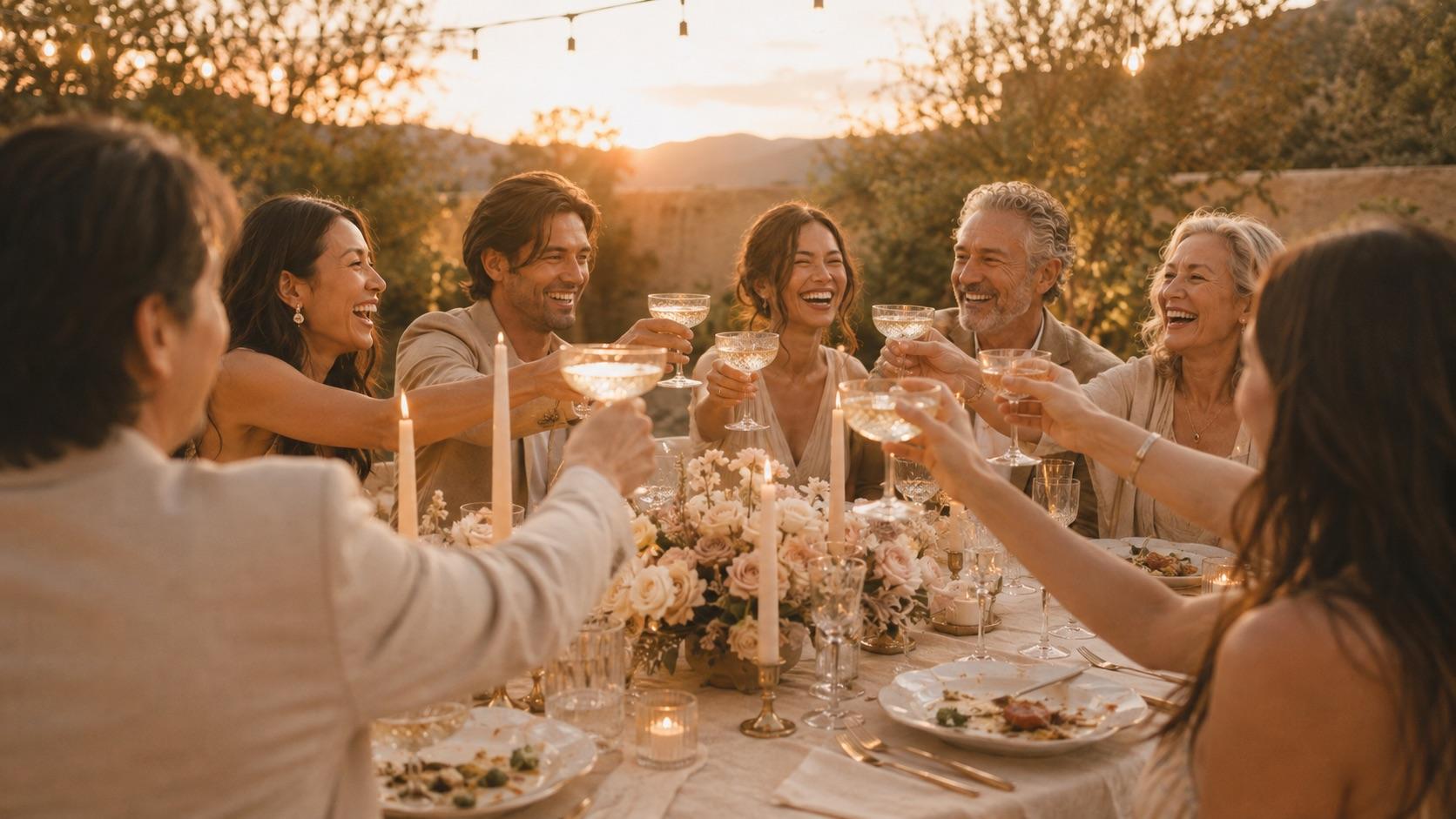 Guests raising glasses in a warm toast at a beautifully set celebration table as evening light falls