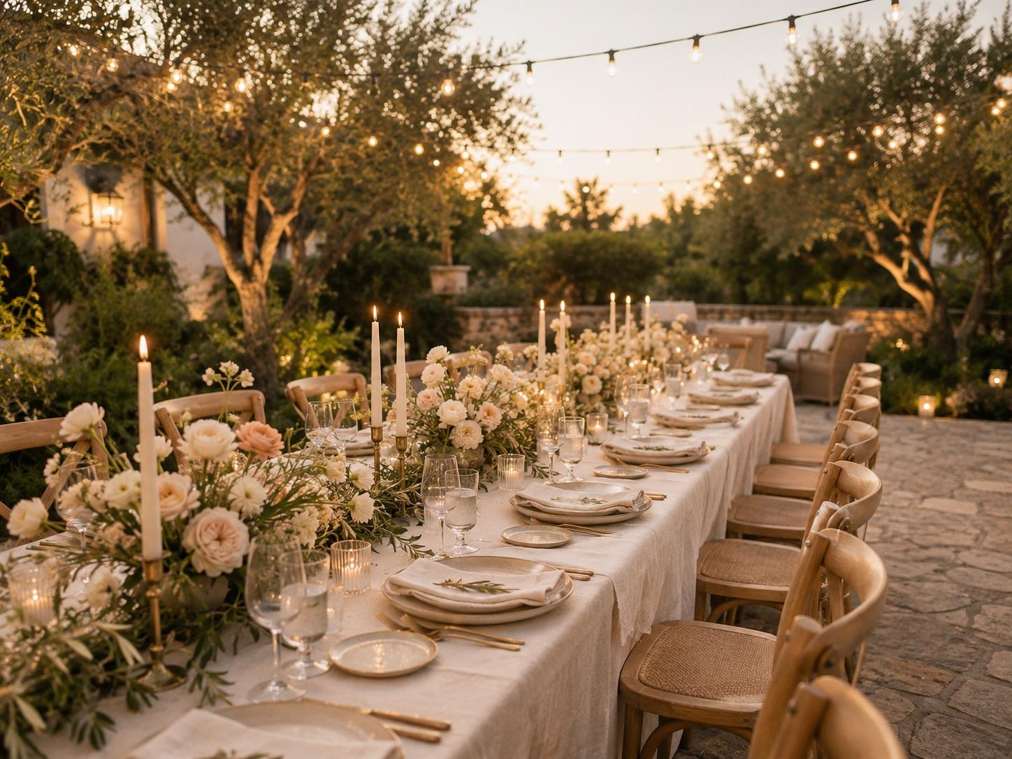 Long banquet table set for a wedding reception under string lights in a Southern California garden