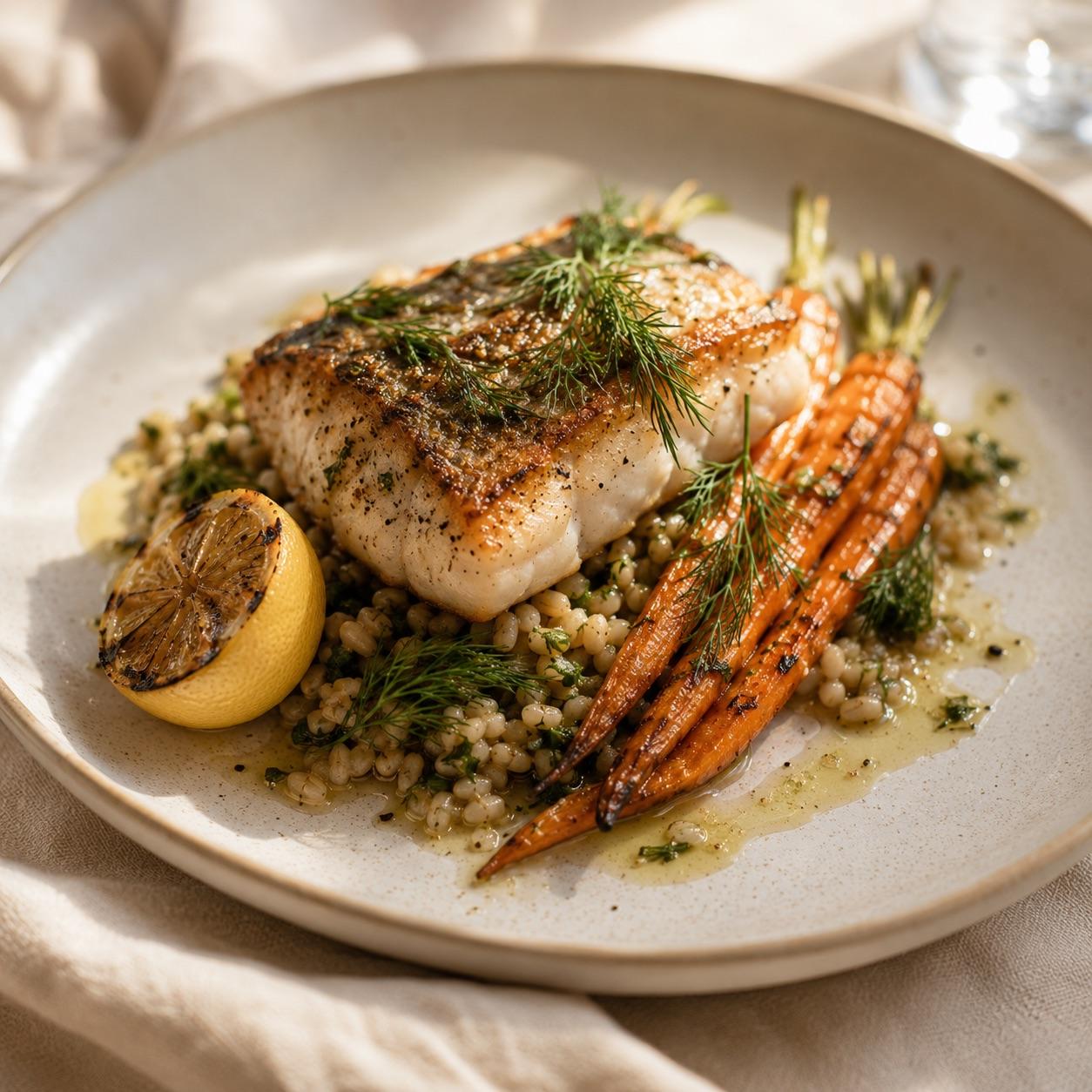 Close-up of a plated seasonal entrée with fresh herbs on a ceramic plate