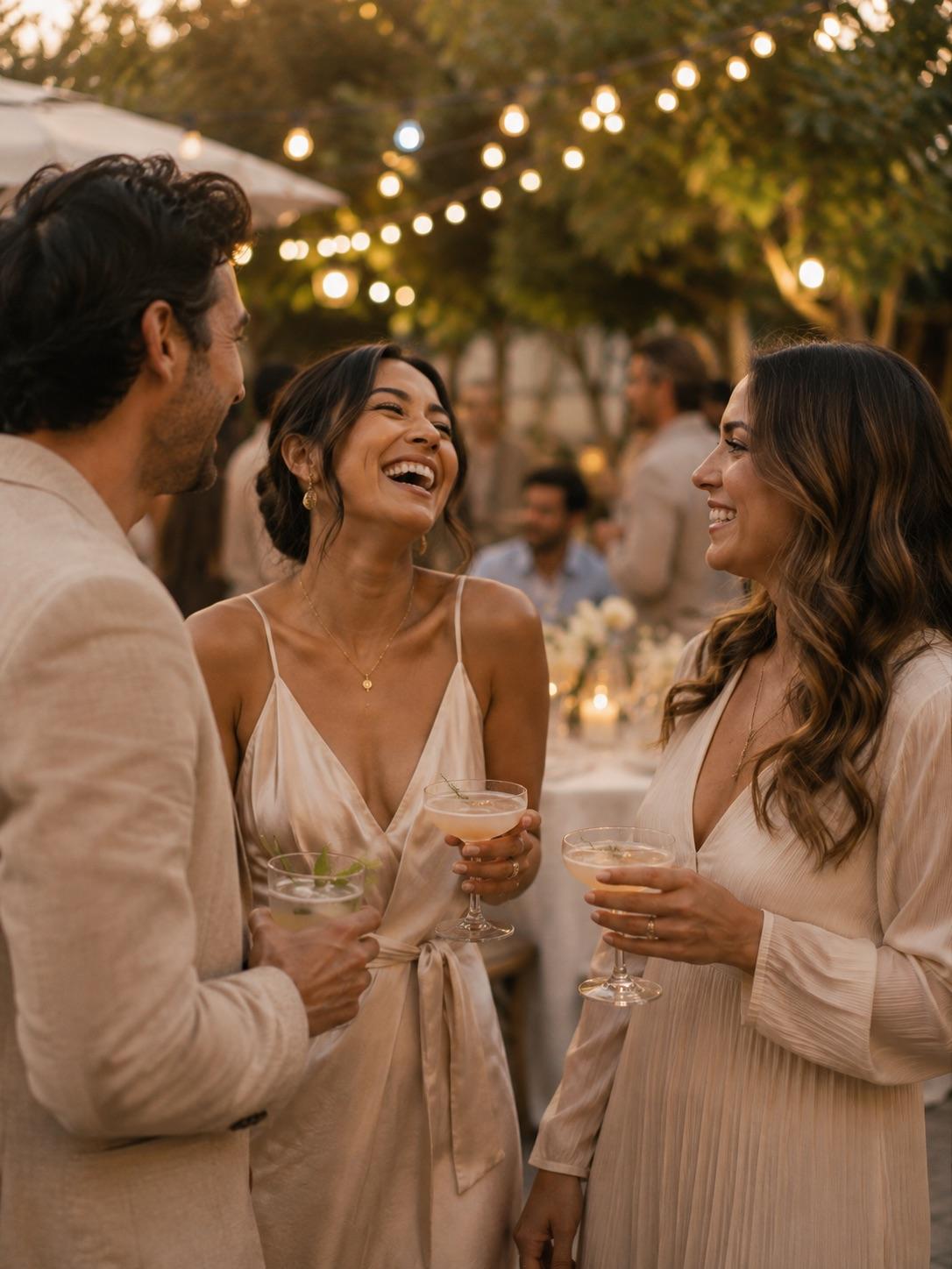 Guests laughing together with cocktails at an outdoor evening celebration