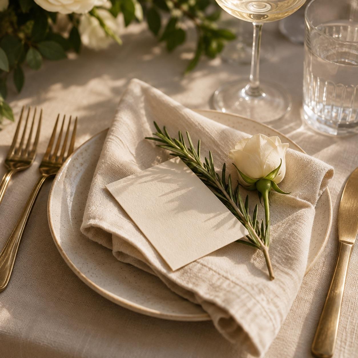Detail of a tablescape with linen napkin, gold flatware, menu card and a single stem of flowers