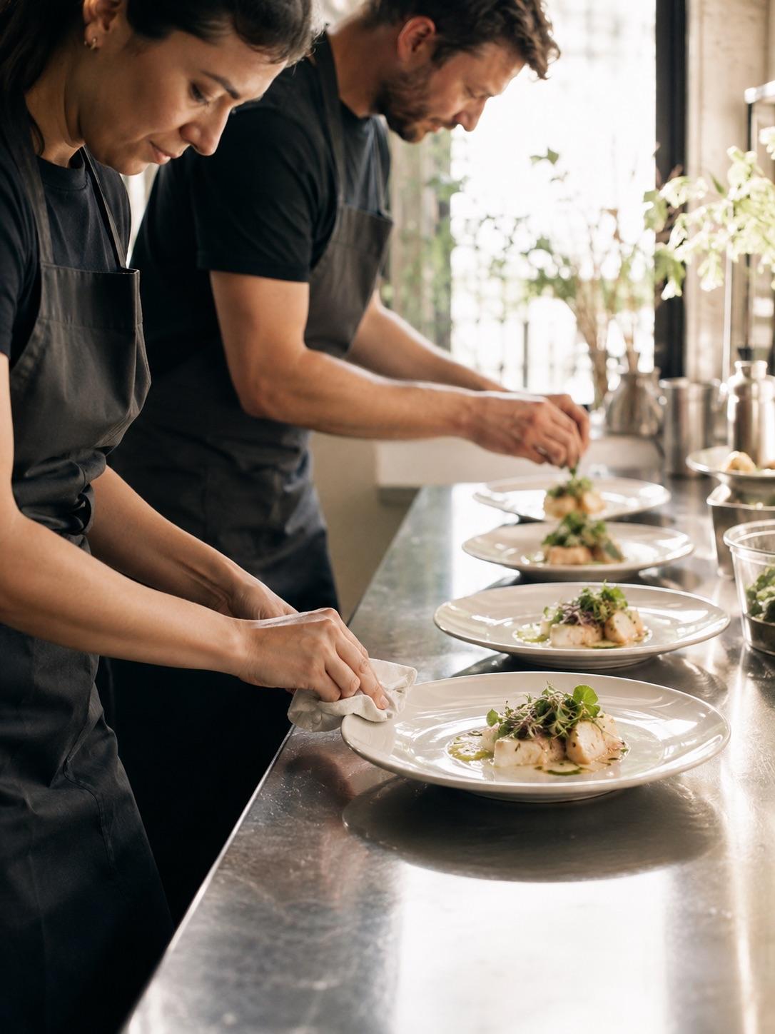 Catering team plating and finishing dishes in a prep area before service