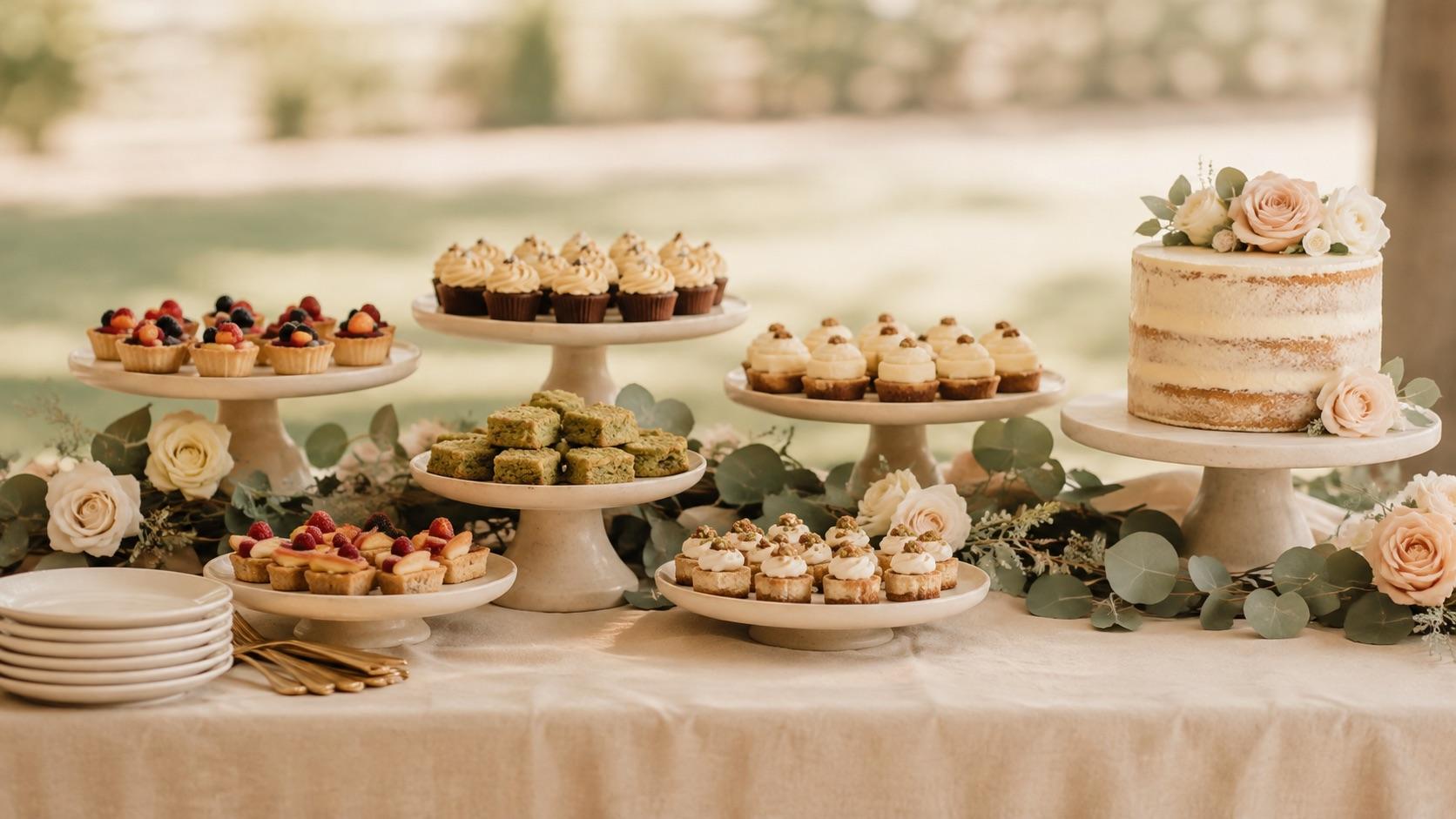Dessert display with small pastries, fruit and a tiered cake on a cream draped table