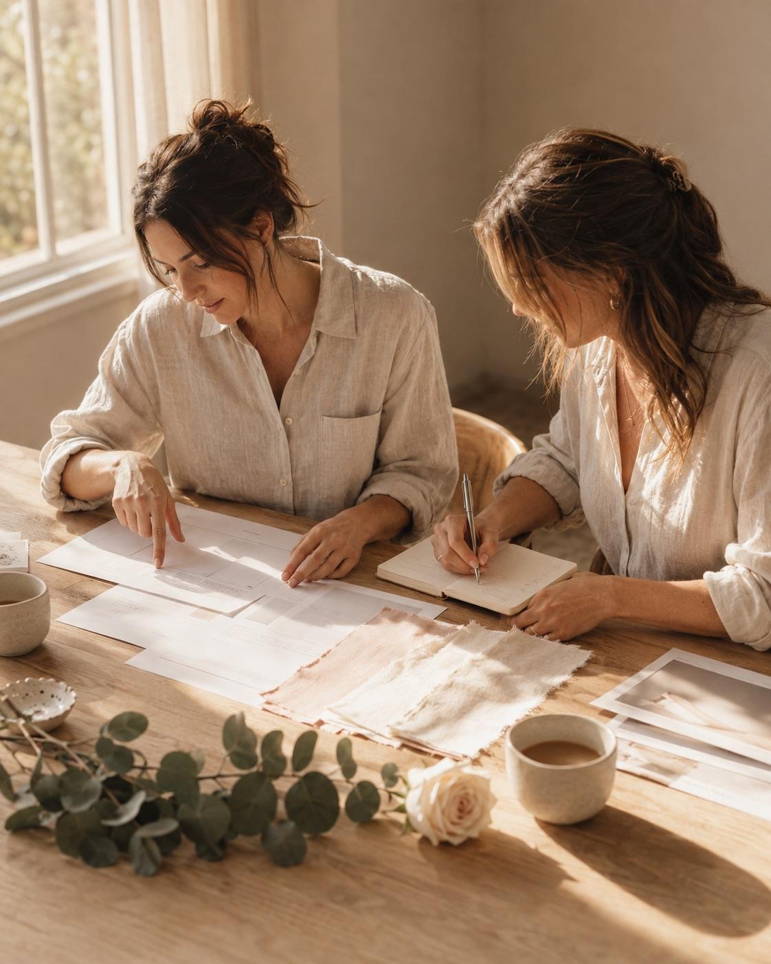 Anush Lini team reviewing an event timeline and menu notes together at a sunlit table before a celebration